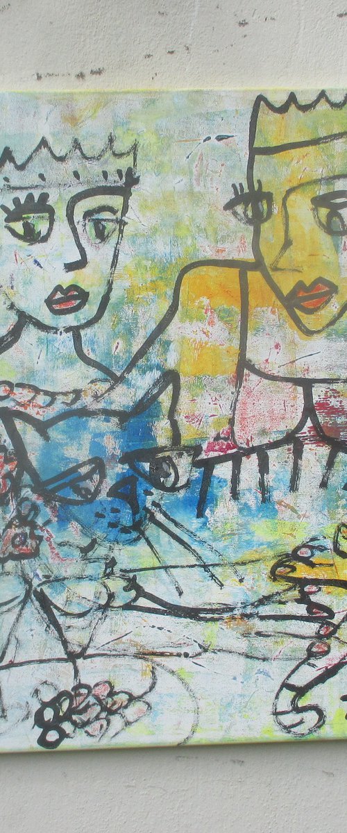 expressive queens, friends with cat, girl portrait 35,4 x 29,4 inch by Sonja Zeltner-Müller