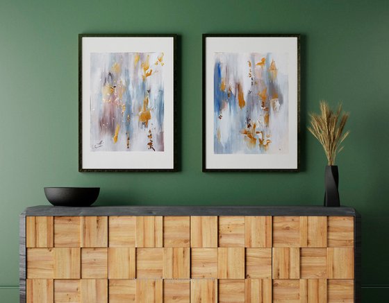 Set paintings, 2 piece wall art, Abstract painting on canvas-paper.