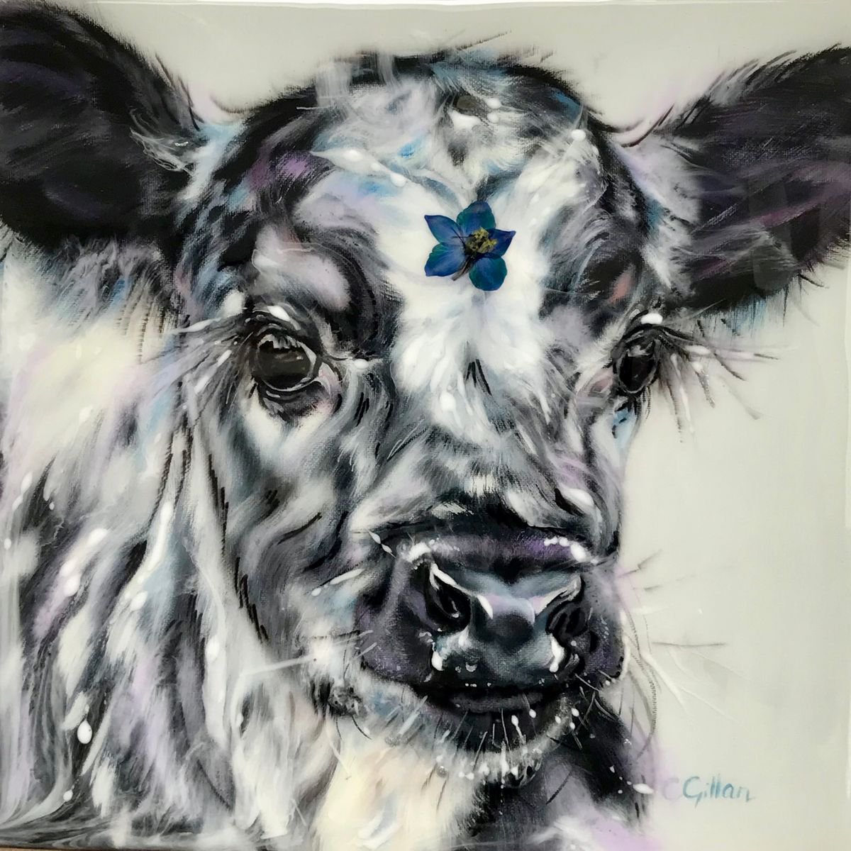 Wonder Moo, Cow,  original oil painting, flower, resin, 3D 14x14 by Carol Gillan