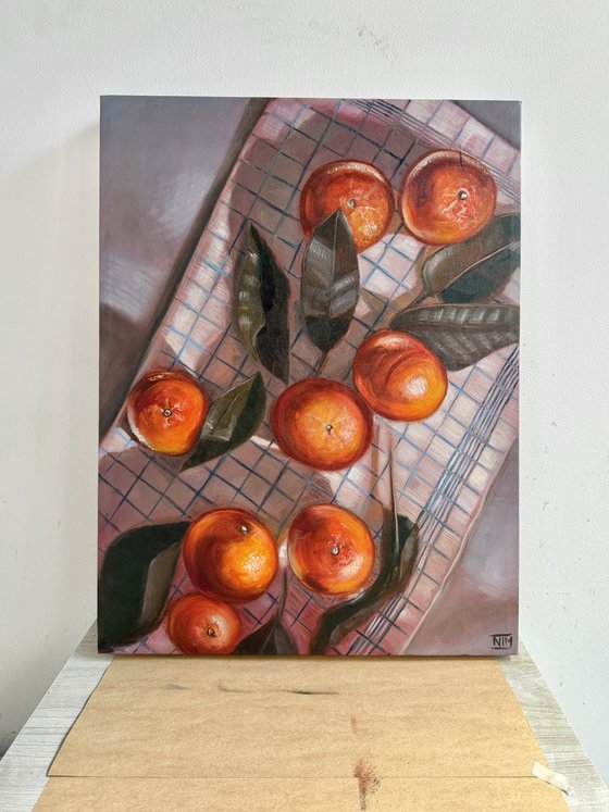 Oranges on Striped Cloth
