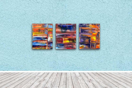 "Intermediary" - FREE USA SHIPPING - Original PMS Abstract Triptych Oil Paintings On Canvas - 48" x 20"