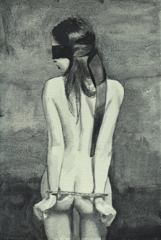 Monochrome nude #7: Handcuffed with Blindfold. Classic watercolour figure painting.