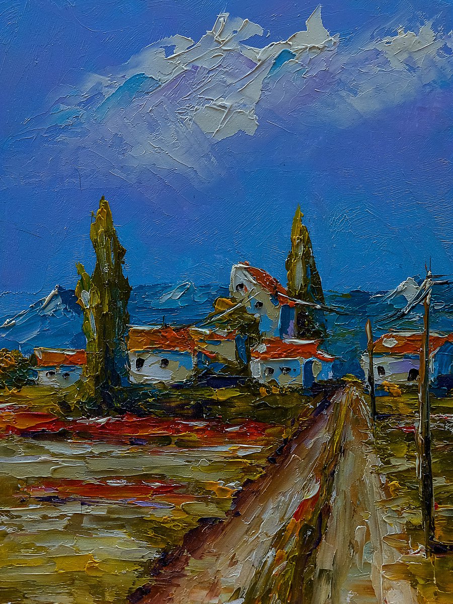 Small village in mountain. Small original landscape painting by Marinko Saric