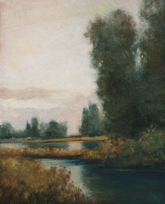 Lake Trees, tonal landscape oil painting