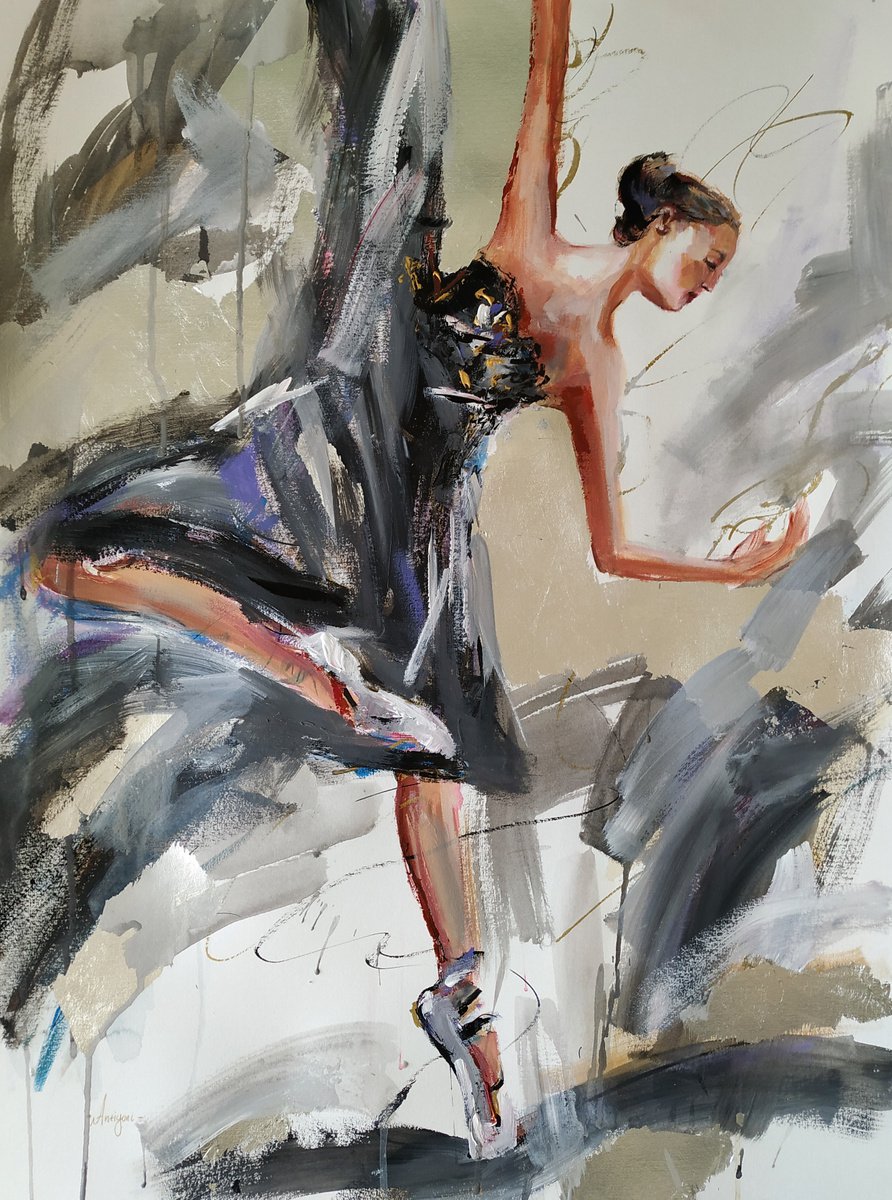 Graceful- Ballerina Watercolor-Mixed Media Painting on Paper by Antigoni Tziora