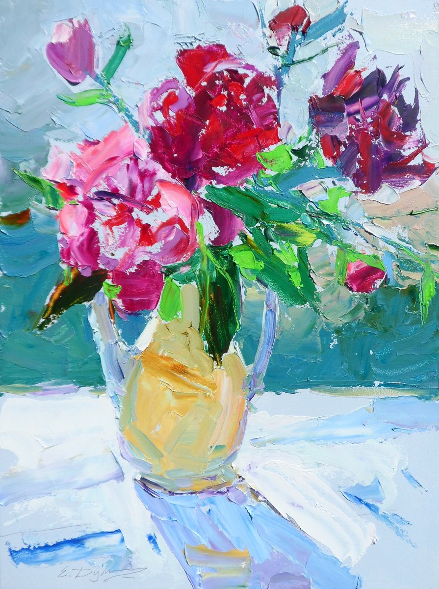 Impressionistic Botanical Oil Painting By Yehor Dulin, 12 X 16", " Peonies", Original Artwork