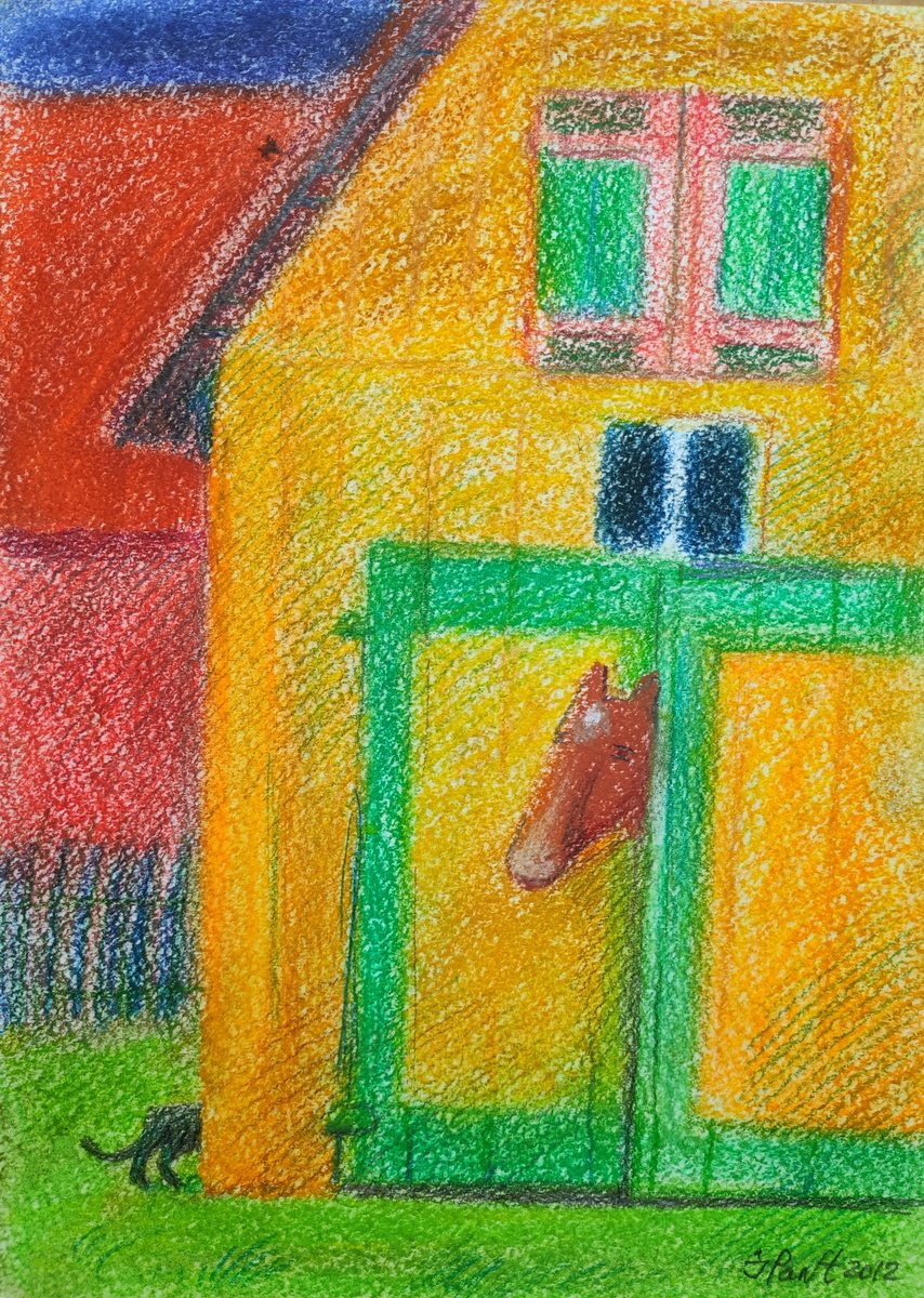 Impressionistic Animal Pastel Drawing By Inna Pantelemonova, 8 X 12, Rural Yard, Original Artwork