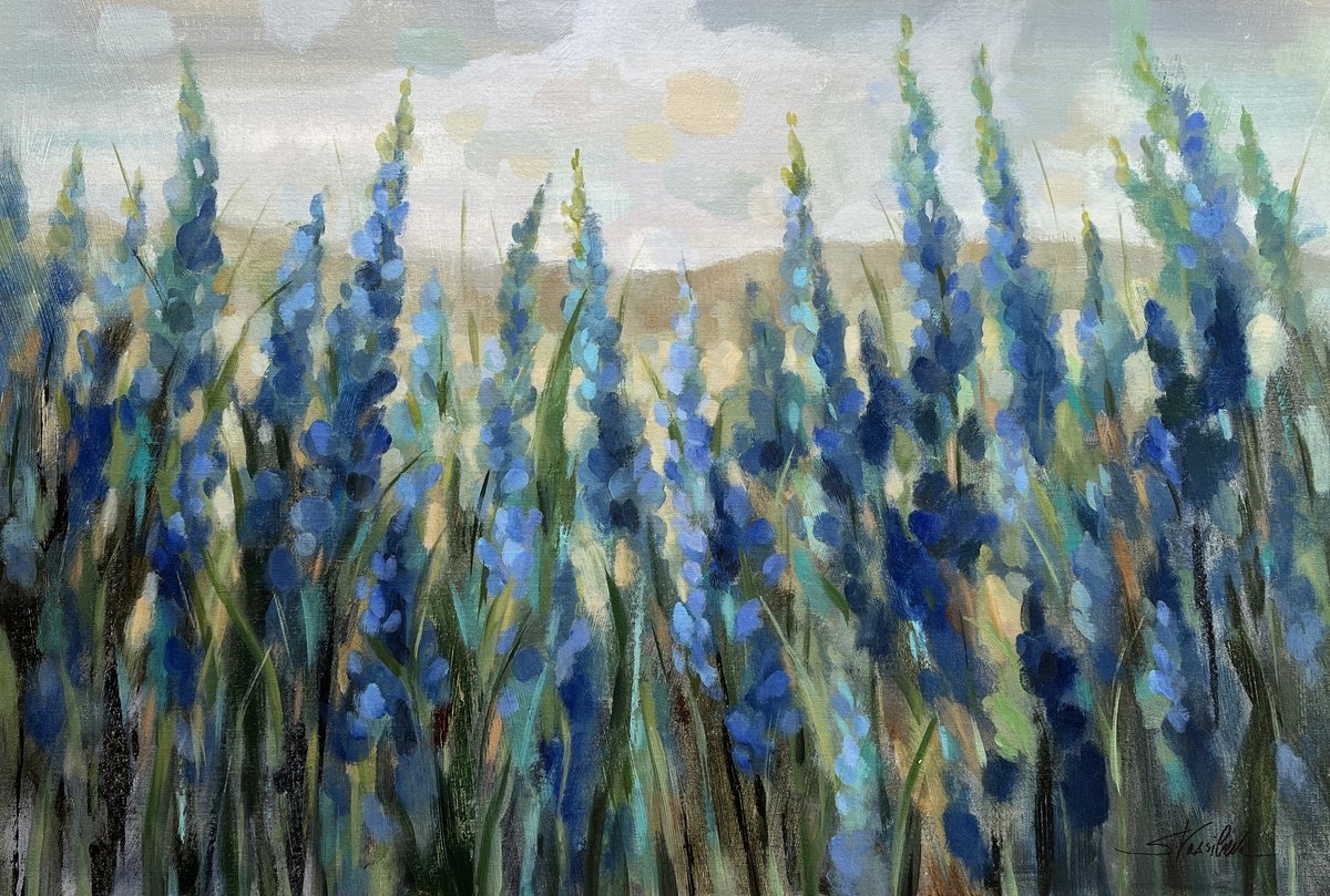 Impressionistic Botanical Acrylic Painting By Silvia Vassileva, 36 X 24", Blue Meadow, Original Artwork