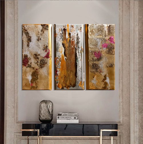 Shining gold leaf mixed medium painting with texture and beads. Metallic gilding wall art by Annet Loginova