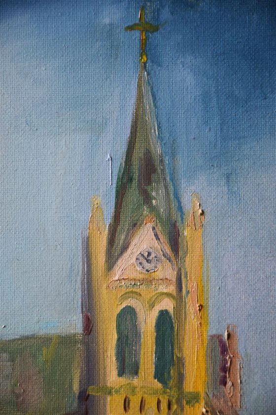 Oil painting Blossoming Church Blumental in Bratislava, Slovakia