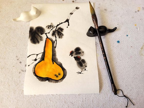 Calabash bottle gourd and chickens - Pumpkin series No. 06 - Oriental Chinese Ink Painting