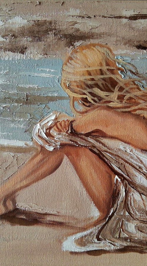 " ON THE BEACH ... "-   liGHt  ORIGINAL OIL PAINTING, GIFT, PALETTE KNIFE nude WINDOW by Monika Luniak
