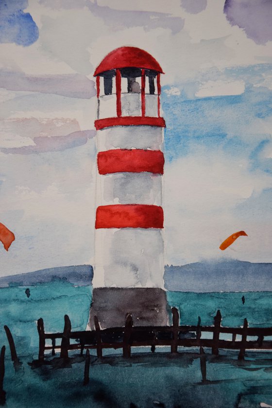 Lighthouse watercolor original painting, seascape wall art, coastal home decor