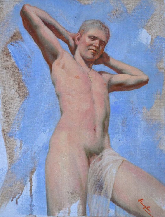 Original Oil paintingl art male nude boy  on linen  #16-4-4-01