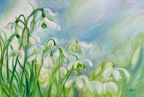 'Rebirth'- Snowdrops Flower Painting on Canvas by Anita Nowinska