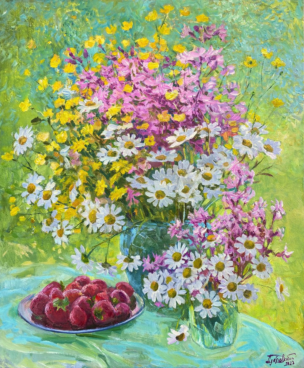 Impressionistic Botanical Oil Painting By Aleksandr Dubrovskyy, 20 X 22, Bouquet Of Daisies, Original Artwork