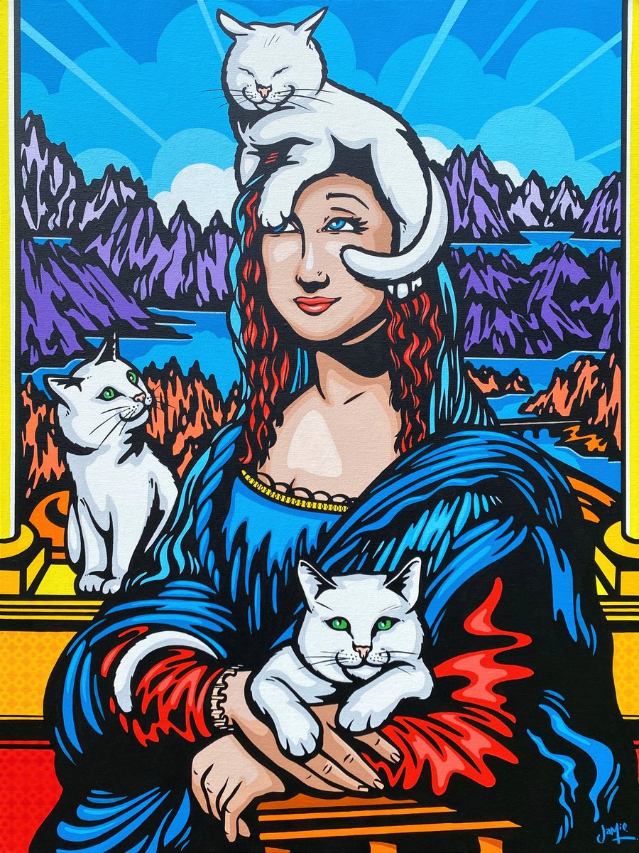 Urban And Pop Portrait Acrylic Painting By Jamie Lee, 24 X 31, Mona Lisa And Her Cats, Original Artwork