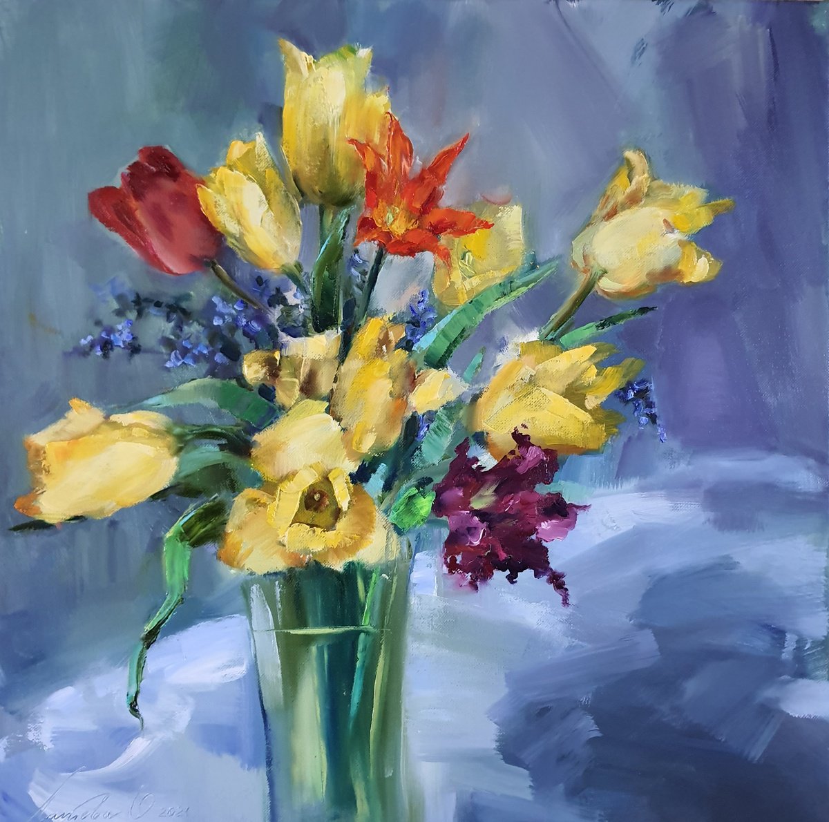 Impressionistic Botanical Oil Painting By Olha Laptieva, 20 X 20", Yellow Tulips, Original Artwork