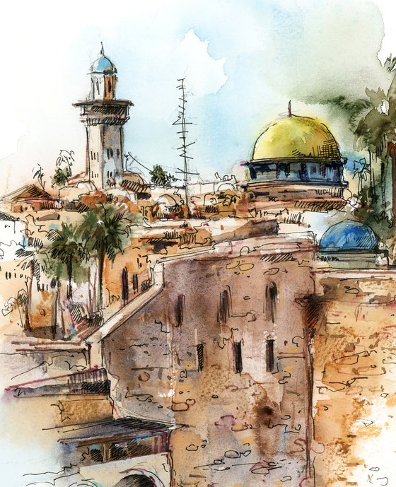 Jerusalem, Wailing Wall - Architecture Sketch Mixed Media