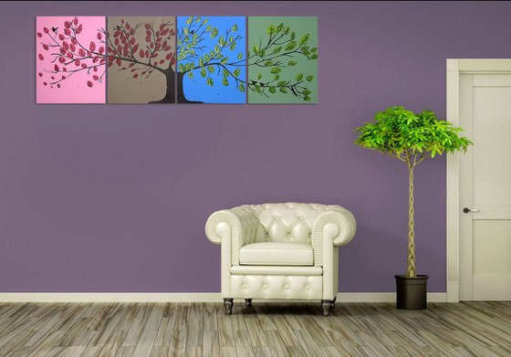 tree of life painting in a quadriptych style, for home office or nursery , original extra large wall art in acrylic hand made " Tree of Life " contemporary birds 64 x 20"