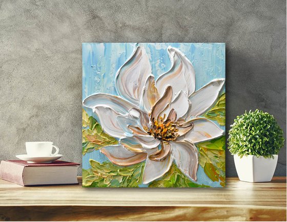 Magnolia II - Heavy textured white flower painting