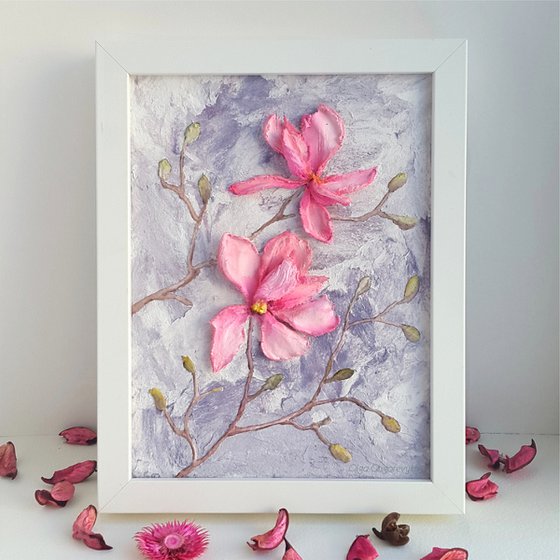 Sculptural painting, pink flowers impasto art Magnolias