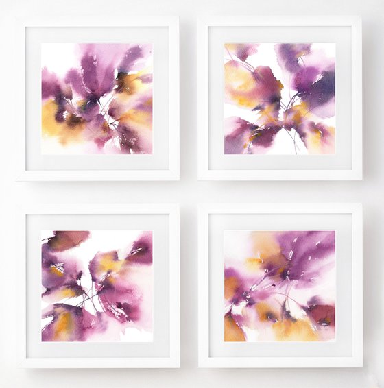 Abstract flowers, set of 4 small paintings "Purple flowers"