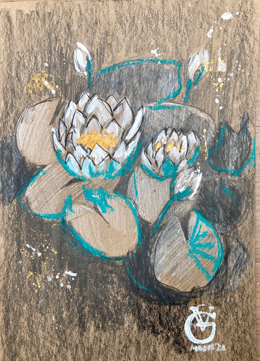 Impressionistic Botanical Drawing By Valeria Golovenkina, 8 X 12", Water Lilies In Teal 2, Original Artwork