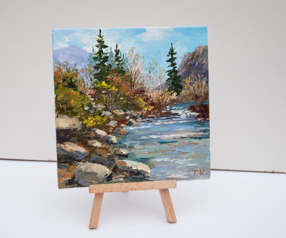 Mountain stream. Oil painting. Miniature. 6 x 6in.