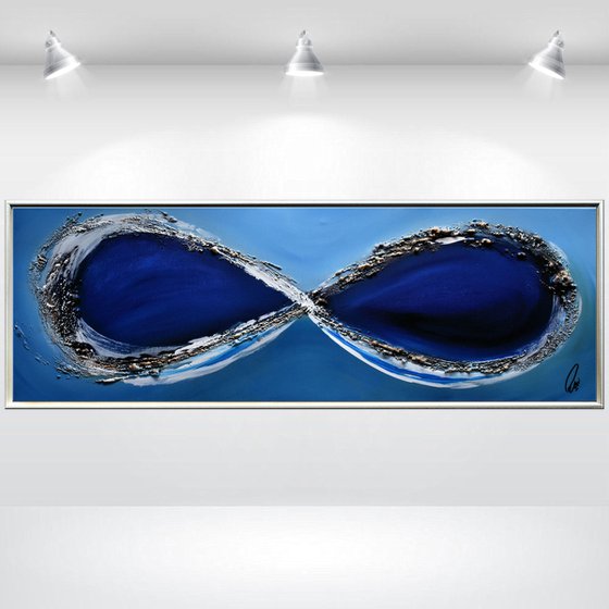 Blue Infinity - abstract acrylic painting, canvas wall art, blue, black, white gold, framed modern art