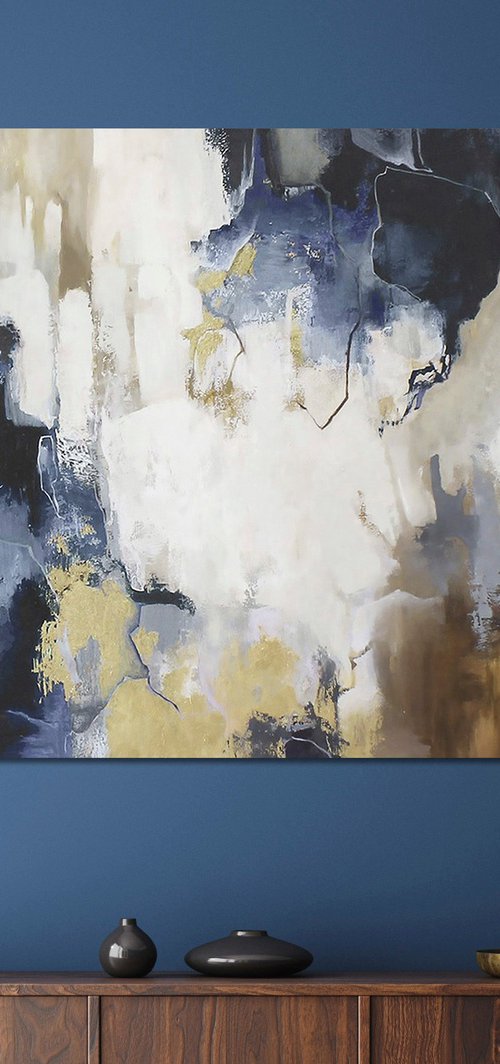 "Blue Flood" Abstract navy blue white art by Yana Sagan