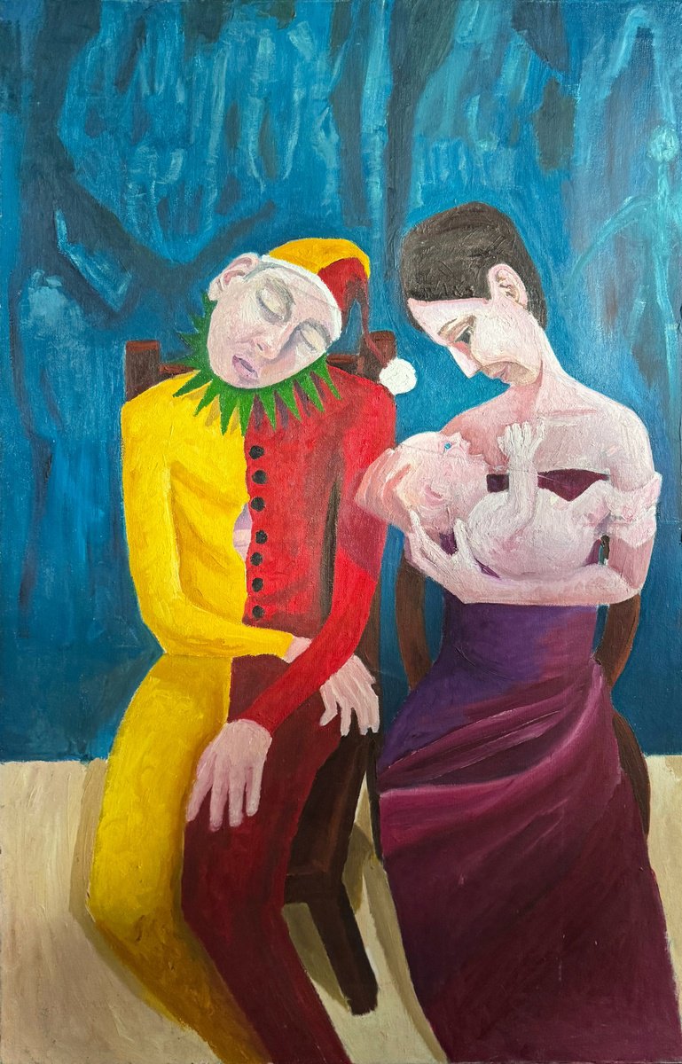 Expressive Portrait Oil Painting By Ryan Louder, 22 X 34", The Sleepy Clown, Original Artwork