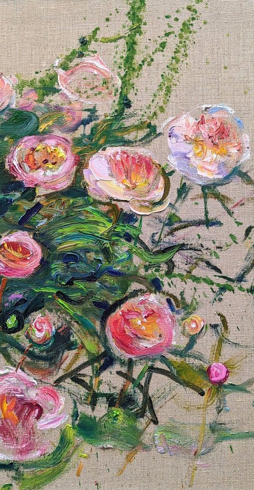 Peonies on linen canvas . 65x80 cm. Large Flowers a la prima . Original oil painting by Helen Shukina