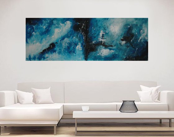 "Back In Blue". X Large panoramic abstract 200 x 70 cm. Diptych.