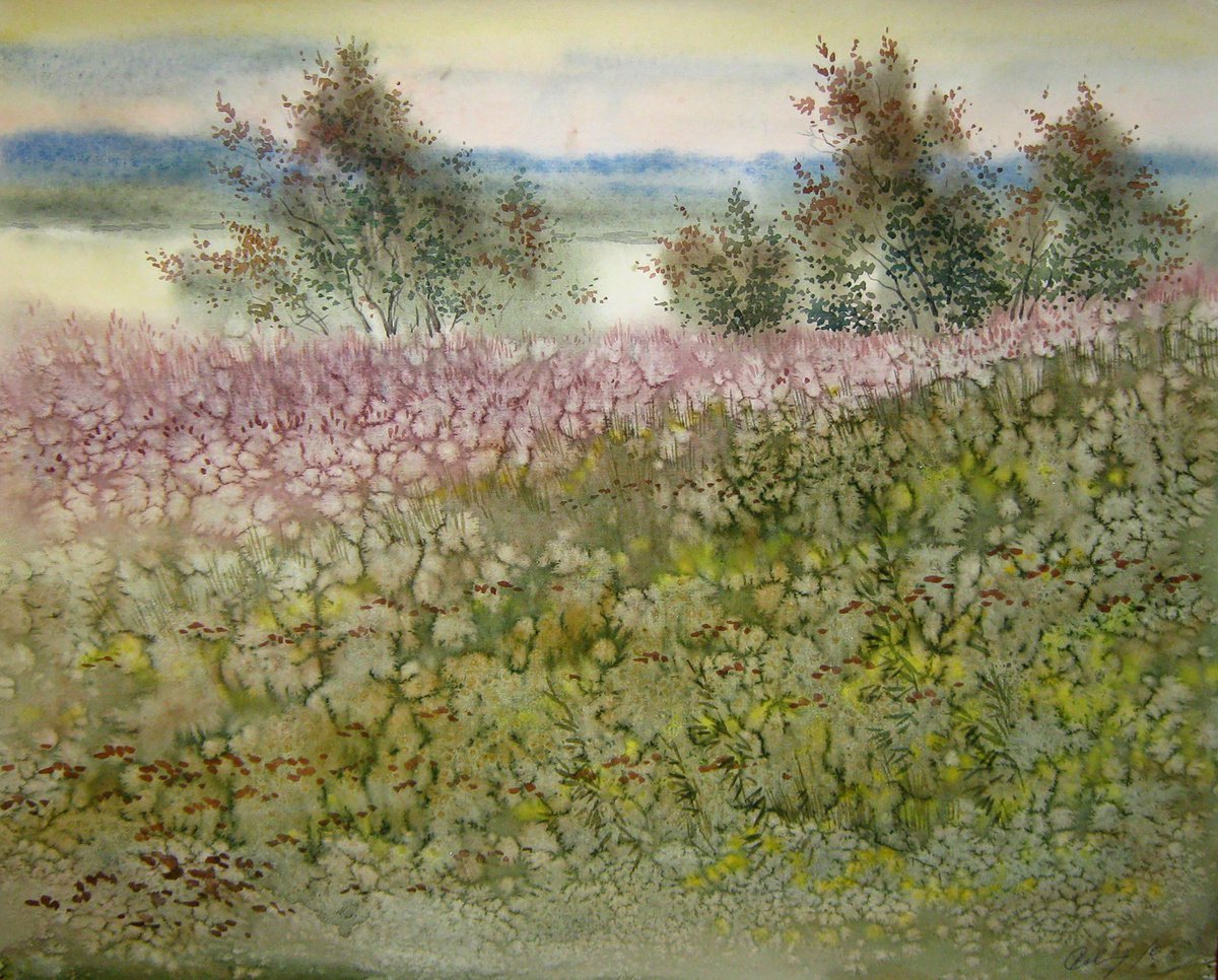 Impressionistic Landscape Watercolour By Valeriy Savenets-1, 20 X 16", The Grass Is Blooming, Original Artwork