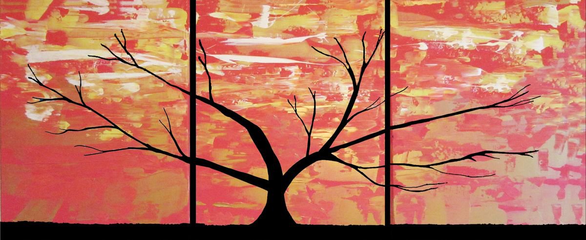 Abstract Landscape Acrylic Painting By Stuart Wright, 48 X 20", Tree Of Virtue 3 Panel Canvas, Original Artwork