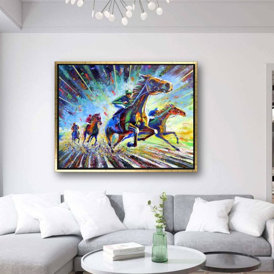 Dynamic Horse Racing Scene, Captivating Artwork of Leadership in Impressionist Style