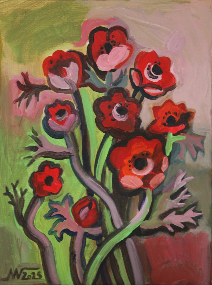 Botanical Acrylic Painting By Marina Gorkaeva, 12 X 16", Anemones, Original Artwork