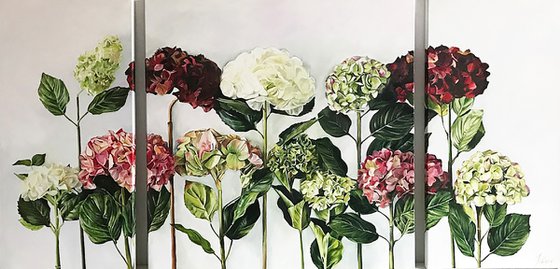 Triptych oil painting "Clouds of hydrangeas" 140 * 70 cm