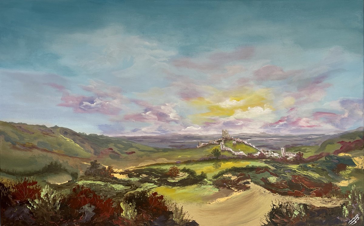 Abstract Landscape Acrylic Painting By Marja Brown, 33 X 21", Corfe-Castle Dawn, Original Artwork