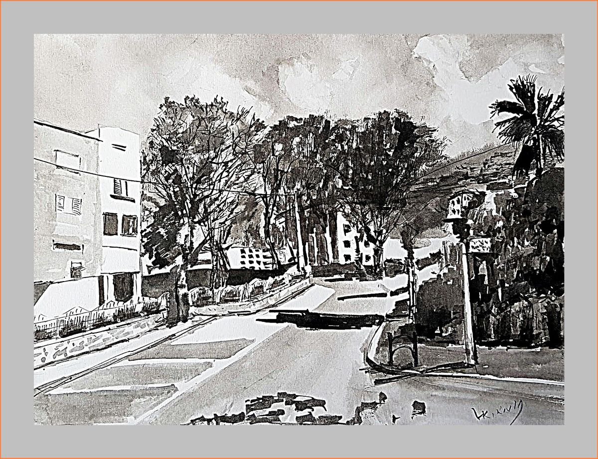 Impressionistic Cityscapes Ink Drawing By Leonid Kirnus, 13 X 10", Street, Original Artwork