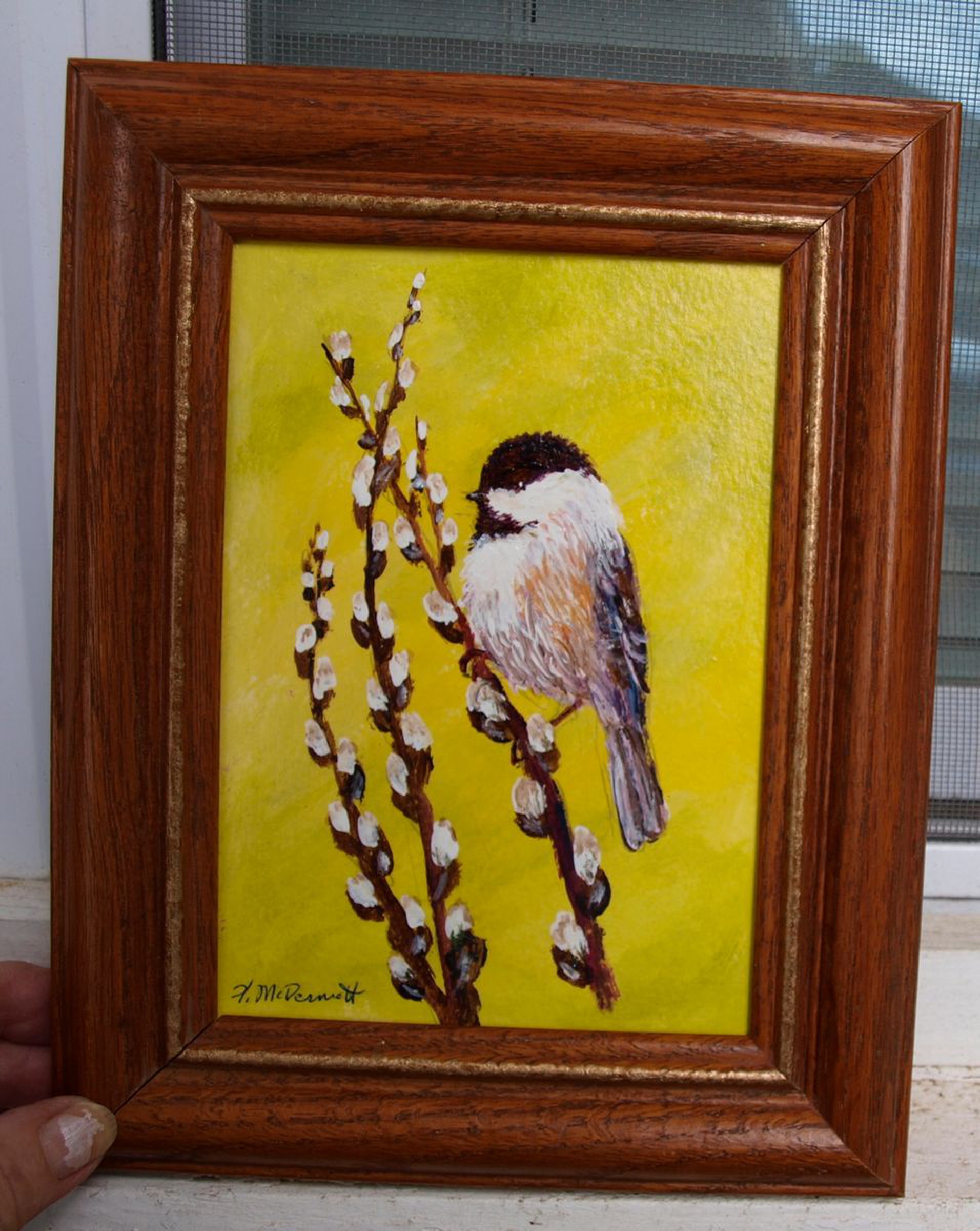 Yellow Chickadee Framed 7x5 Inch Original Acry Artfinder