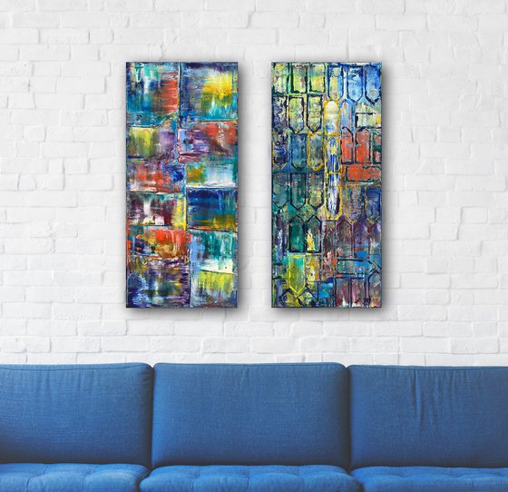 "Standing Up For Each Other" - Original PMS Abstract Diptych Oil Paintings On Wooden panels - 28" x 32"