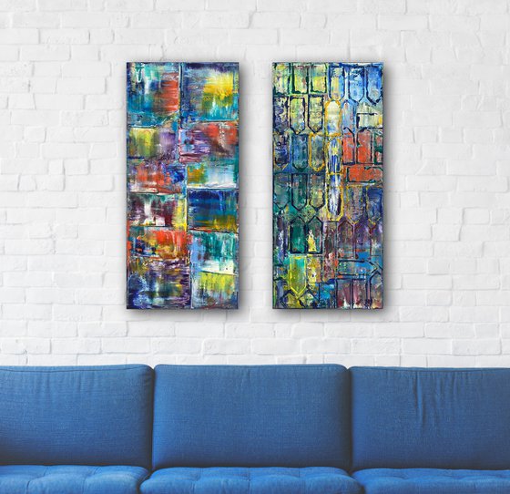 "Standing Up For Each Other" - Original PMS Abstract Diptych Oil Paintings On Wooden panels - 28" x 32"