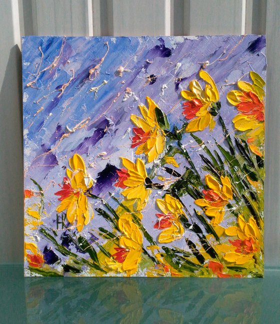 Daffodil Painting Floral Original Art Flowers Oil Impasto Pallete Knife Artwork Small Home Wall Art 8 by 8" by Halyna Kirichenko