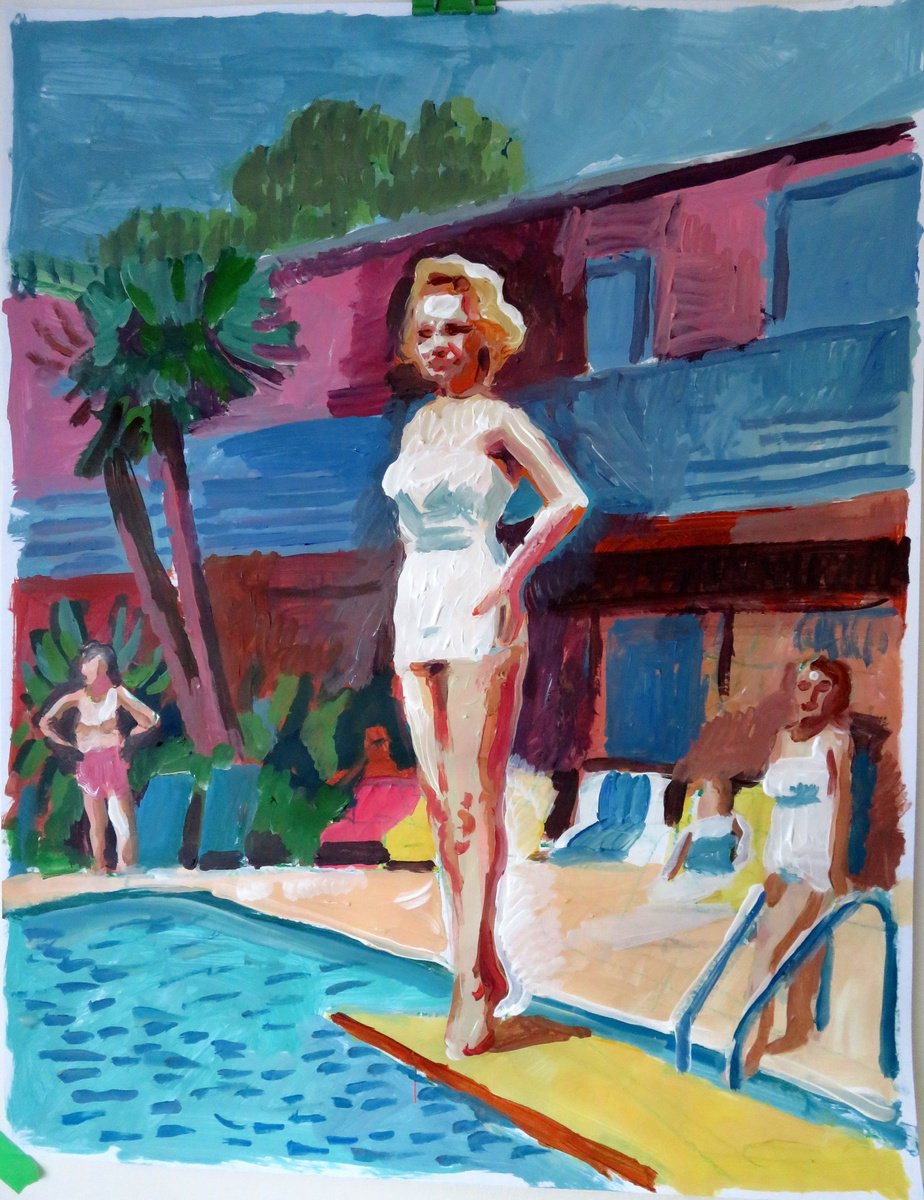 Impressionistic Landscape Acrylic Painting By Stephen Abela, 22 X 28", Swimming Pool With Figure, Original Artwork