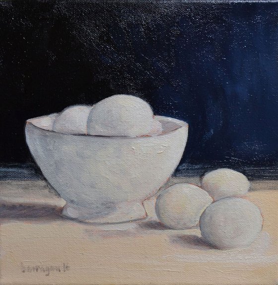 Bowl with Eggs Still Life Oil Painting with Lacquered Golden Leaf Sides