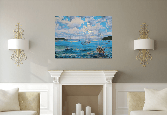 Morning on the bay (mixed-media, acrylic and gold leaf) (36x48x1.5")