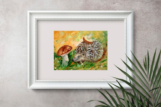 Hedgehog Painting Original Art Forest Animal Artwork Mushroom Wall Art