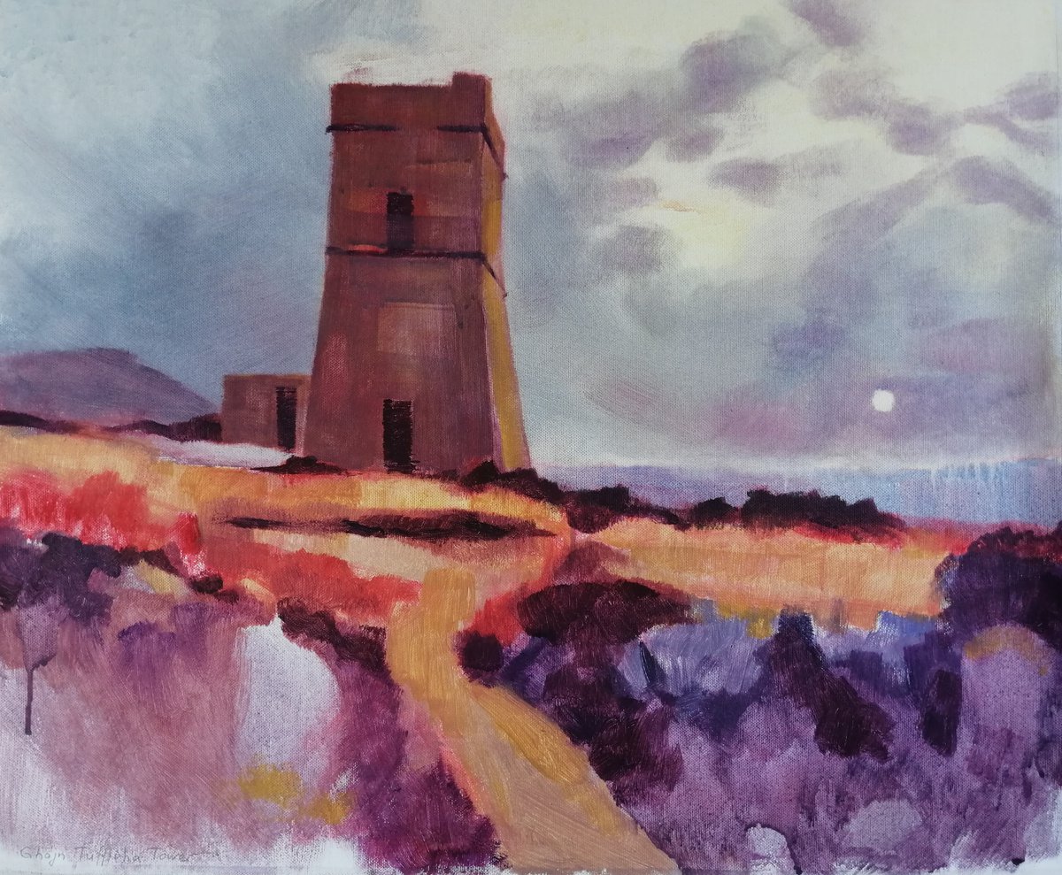 Impressionistic Landscape Acrylic Painting By Olga David, 24 X 20", Sunset At Watchtower, Original Artwork